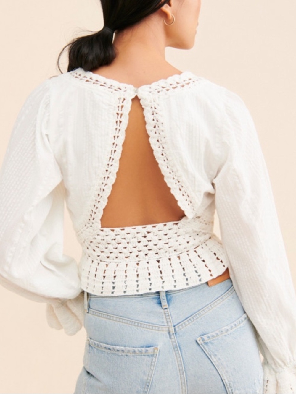 Free People Megan Crochet Top Creamy White Boho Long Sleeve Blouse size large - Picture 2 of 9